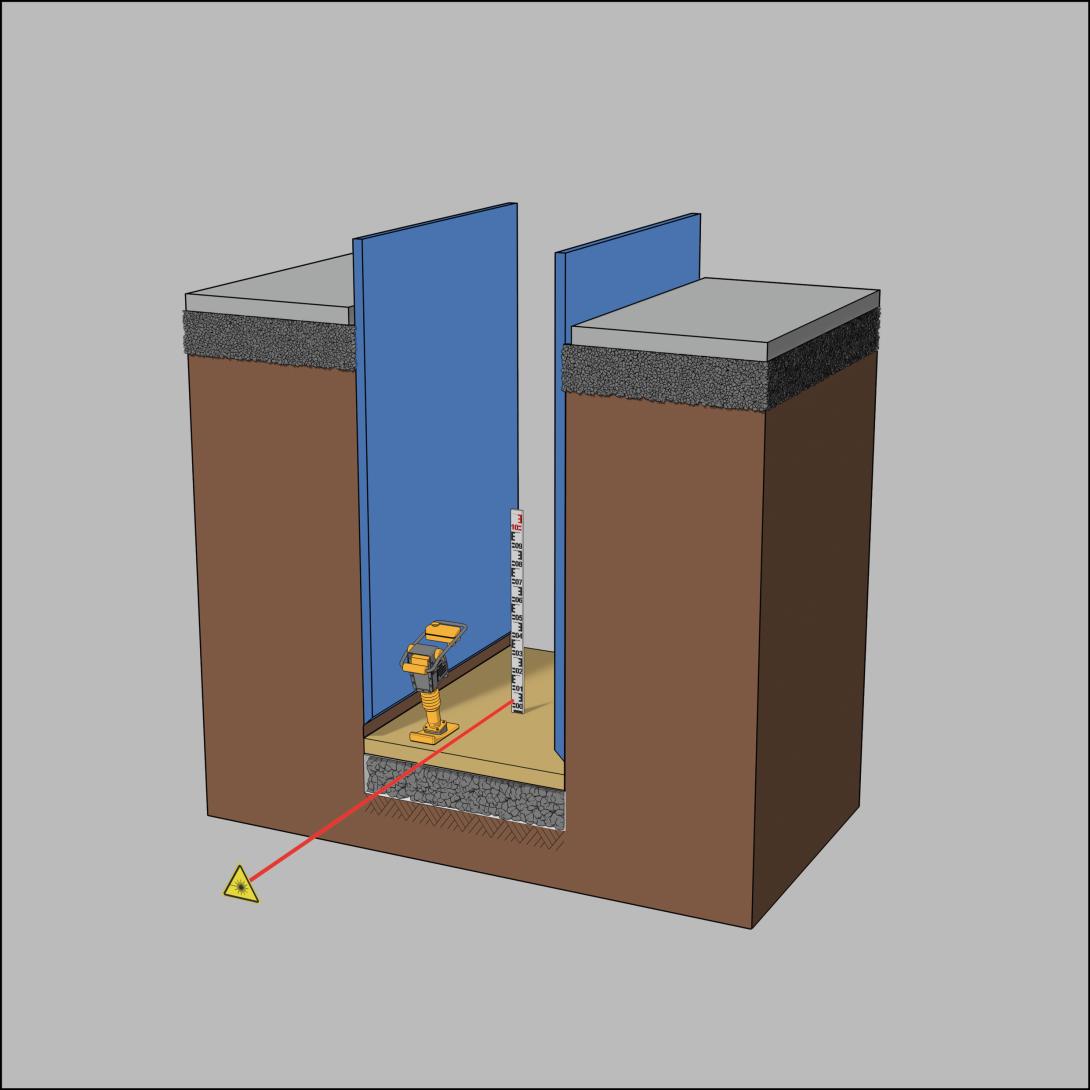 Material über die gesamte Breite des Grabens und über die Länge das Grabenabschnitts profilgerecht verteilen und Bettungsschicht ausreichend verdichten. Auch gegen die unverbaute Grabenwand. Höhe mit Laser und Zieltafel prüfen.